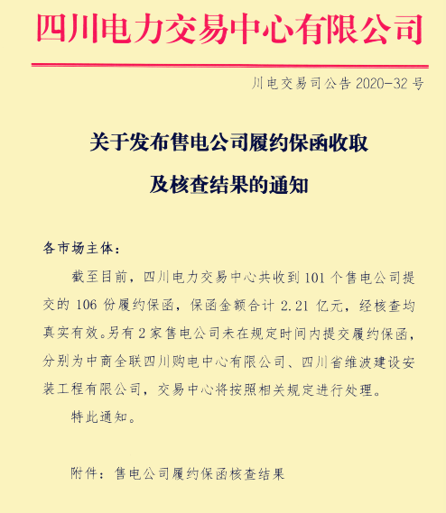 四川售電公司履約保函收取和核查結(jié)果已經(jīng)公布