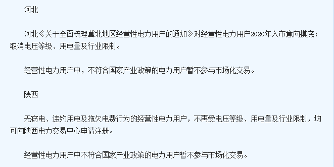 全國多個(gè)省市明年電力市場用戶準(zhǔn)入要求一覽